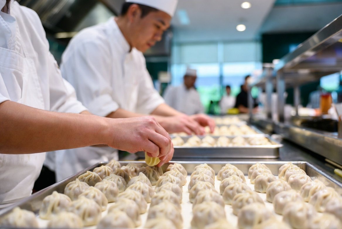 Open kitchen showing Din Tai Fung Revenue America dumpling folding
