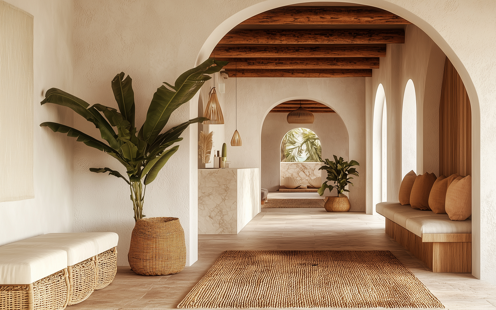 Modern restaurant interior with natural wood and stone materials