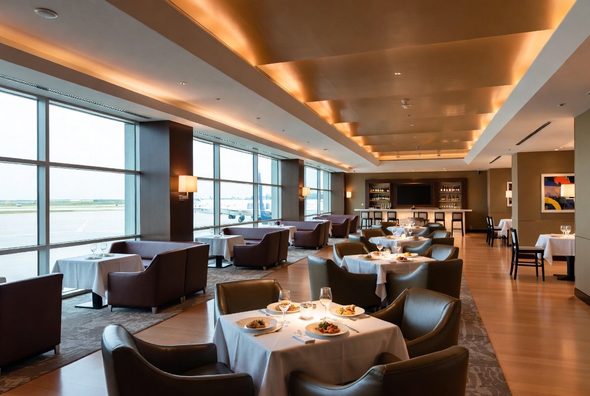 United Airlines Polaris Business Class exclusive lounge dining area