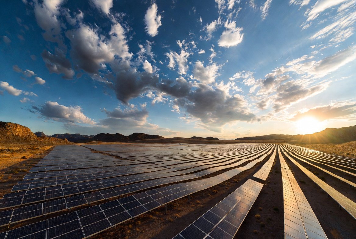 Solar Power Cheapest Energy Source panels in a large solar farm