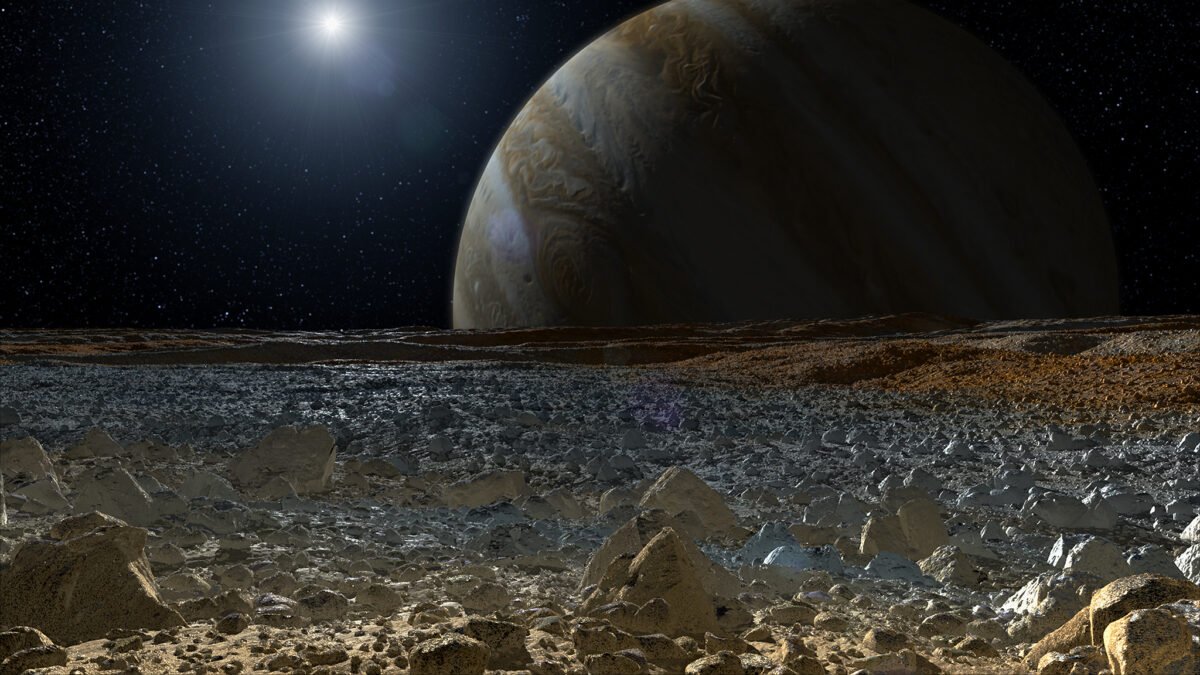 Europa Ocean Life Evidence Discovery showing Jupiter's moon and icy surface