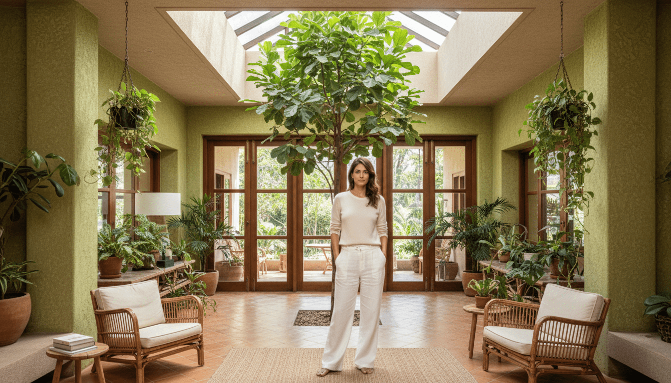 Biophilic architecture interior with carbon-neutral building techniques