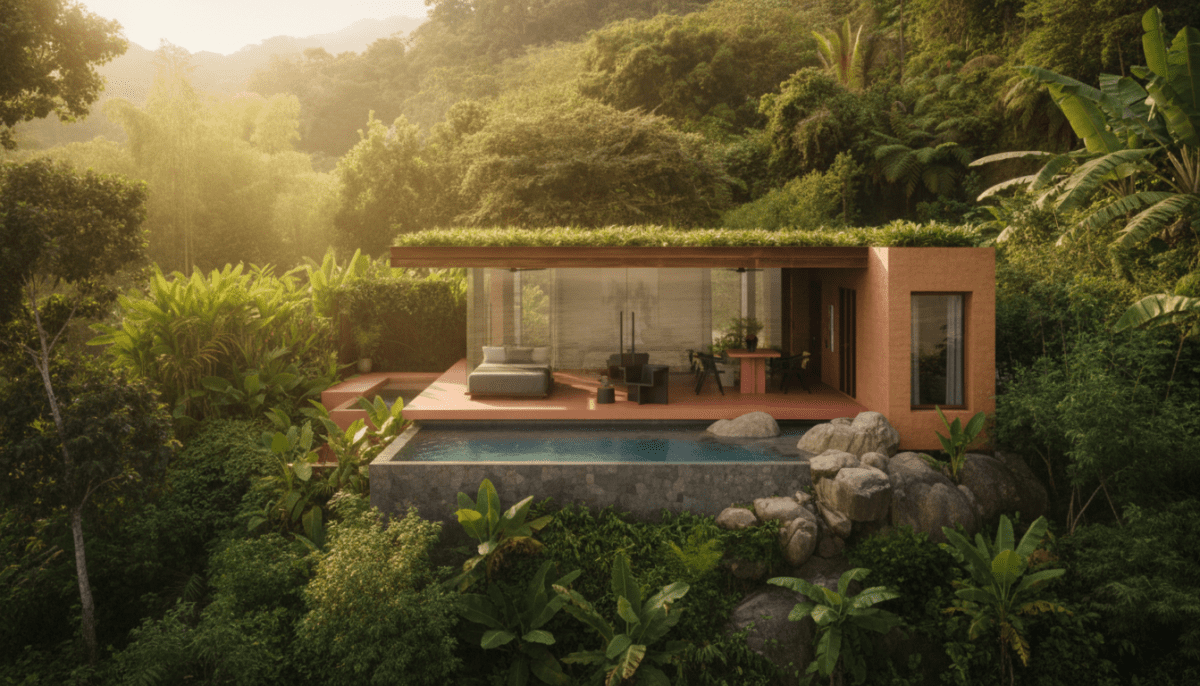 A luxury villa built with rammed earth.