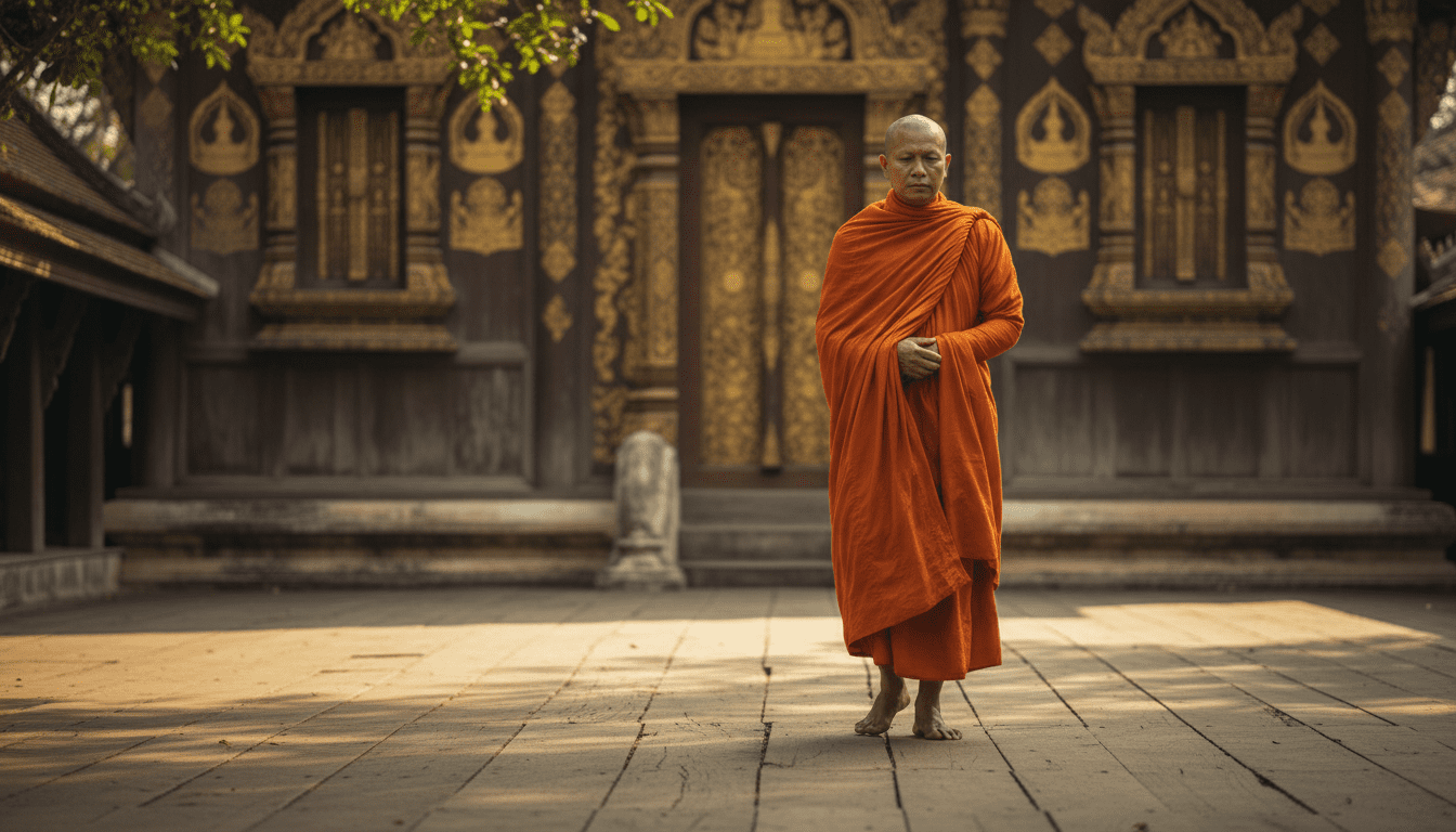Buddhist monks walking past temples on a trip to Laos