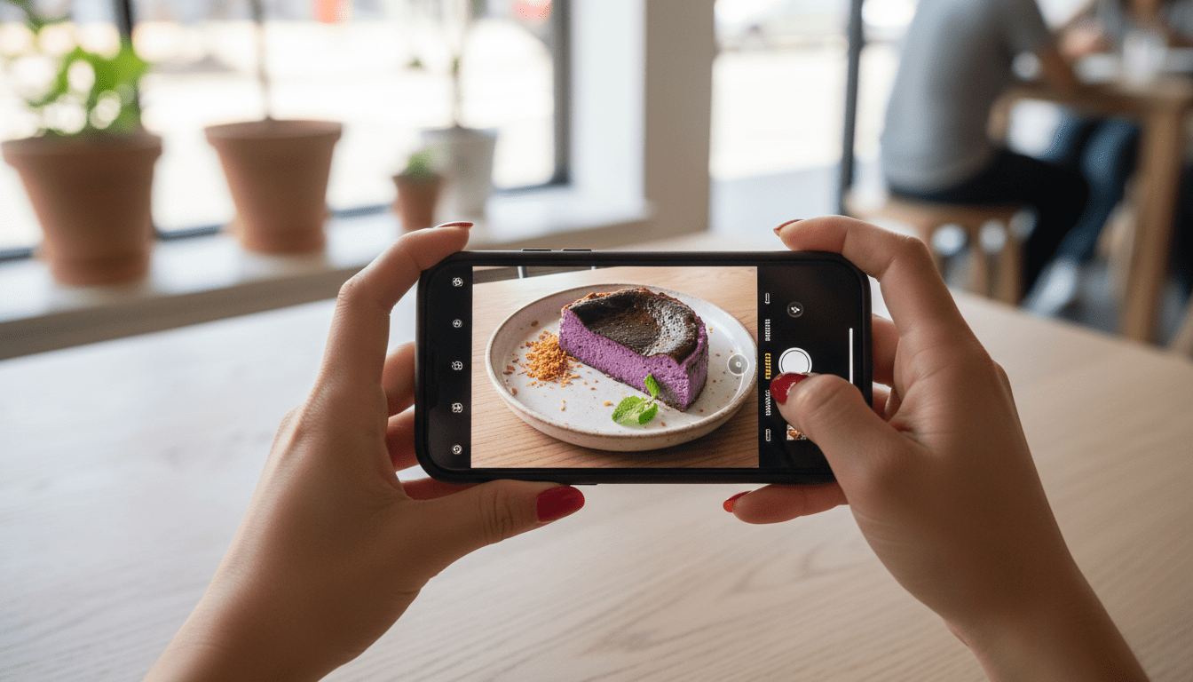 Smartphone taking photo of foodstagramming behavior