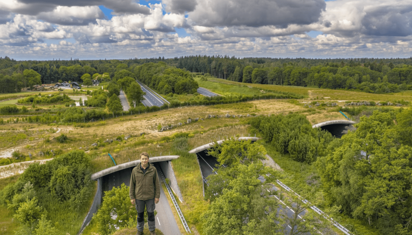 Linear infrastructure development cutting through forests.