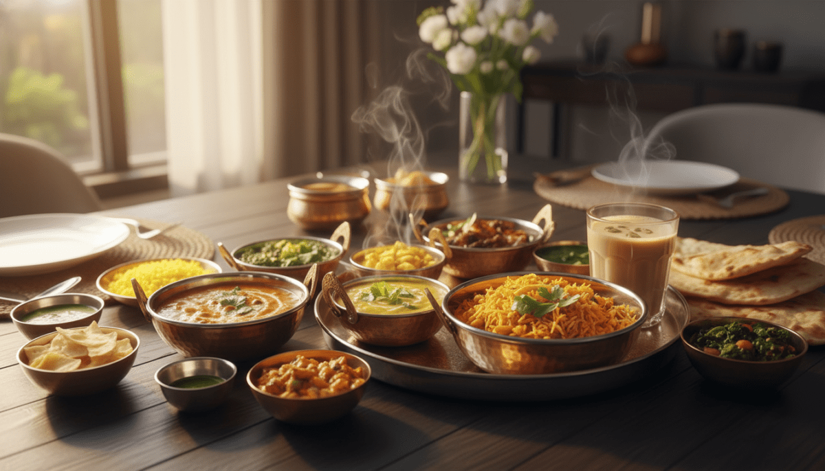 A variety of colorful plant based indian food dishes