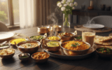 A variety of colorful plant based indian food dishes