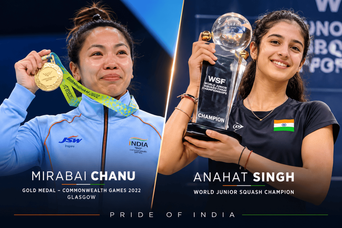 Indian champions Mirabai Chanu and Anahat Singh celebrating their historic gold medals.