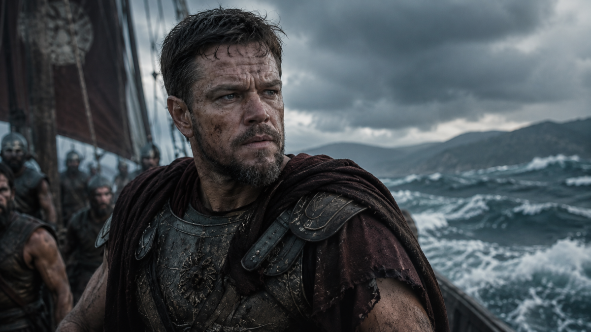 Matt Damon as Odysseus on a Greek warship in Christopher Nolan's film
