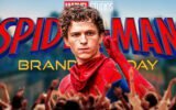 Tom Holland in the new red and blue Spider-Man suit overlooking New York City.