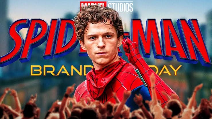 Tom Holland in the new red and blue Spider-Man suit overlooking New York City.