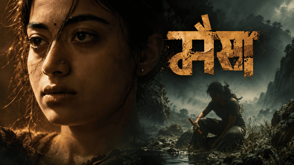 Rashmika Mandanna Mysaa teaser poster featuring actor in blood-streaked Gond attire holding spear