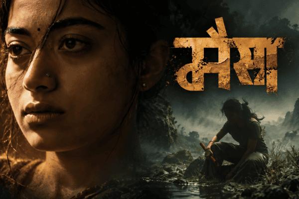 Rashmika Mandanna Mysaa teaser poster featuring actor in blood-streaked Gond attire holding spear