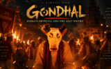 gondhal marathi movie oscar entry poster featuring lead cast in traditional maharashtrian ritual set