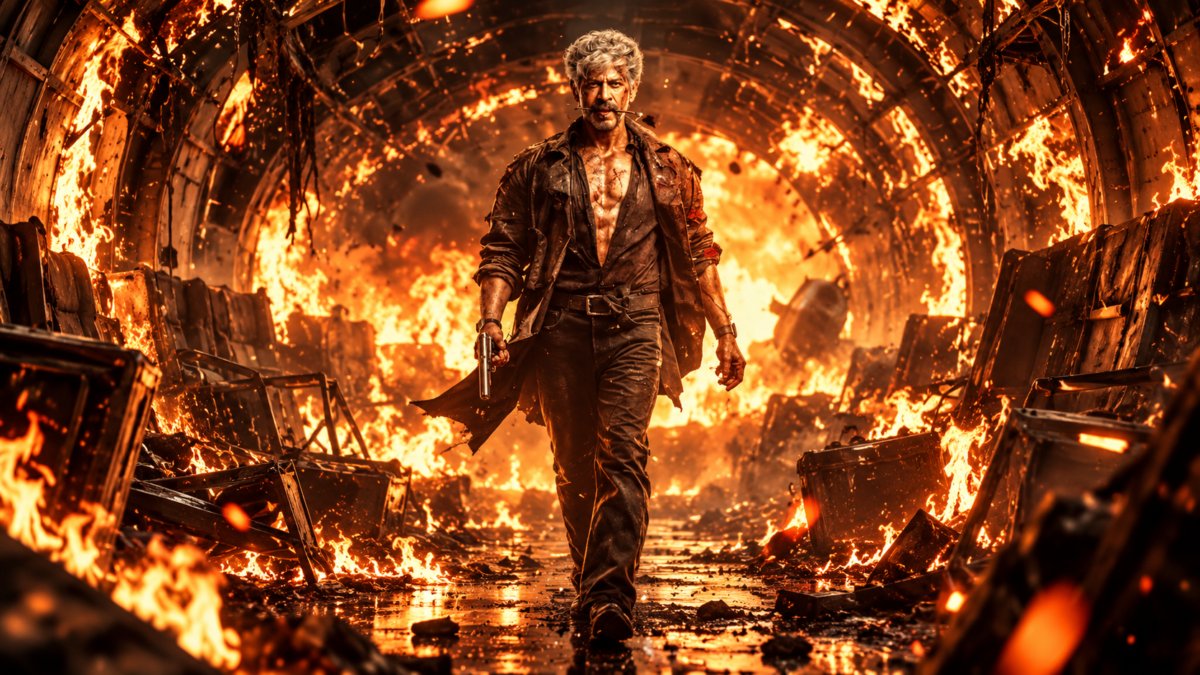 Shah Rukh Khan King poster shows the actor with a rose between his lips and a bloodied face.